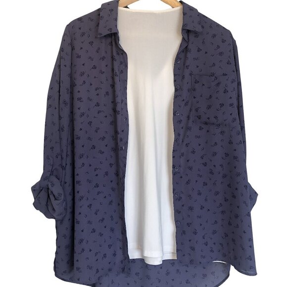 Reitmans Blouse Button Down Office Casual Roll-Up Sleeves Floral Purple Large - Picture 14 of 14